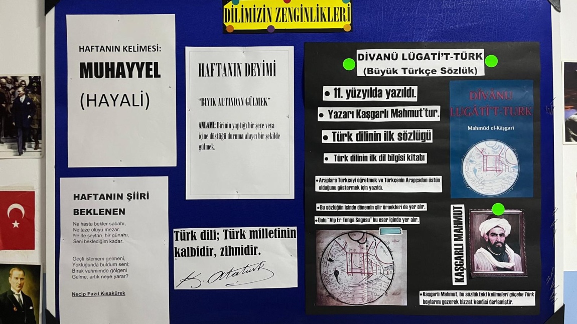 Dilimizin Zenginlikleri Projesi kapsamında okulumuzda Kasım ayında Divanü Lügati't Türk konulu birtakım etkinlikler yapıldı. 